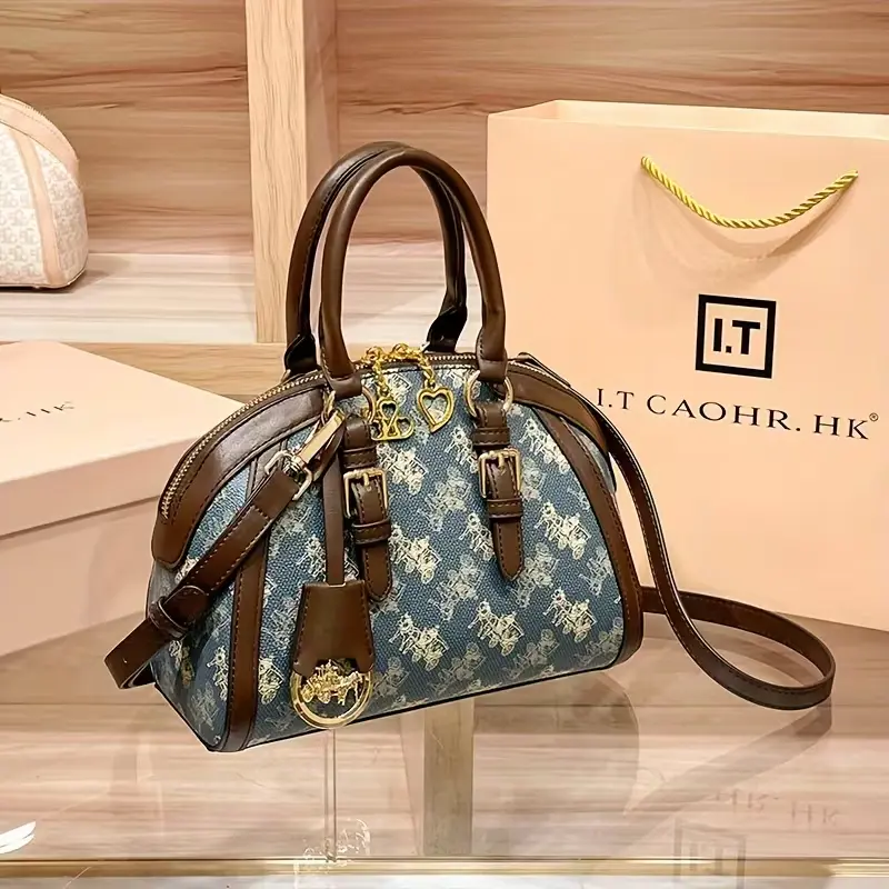 Vintage Carriage Print Shell Bag — Elegant Women's Handbag, Gift for Mom — Versatile Crossbody & Shoulder Bag — Blue PVC Material with Detachable Shoulder Strap