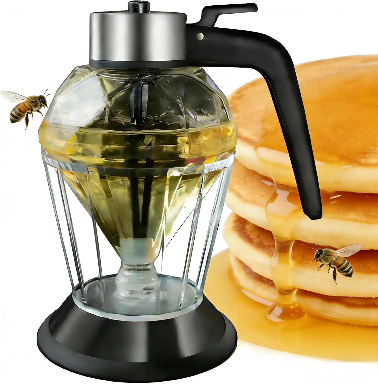 Diamond-Shaped Oil Pot, Honey Dispenser No Drip with Base, 8oz Glass Honey Jar pot with Handle, Syrup Dispenser for Coffee or Tea, Mess Free Honey Dispenser for Honey Syrup Olive Oil, Maple Syrup Honey Container