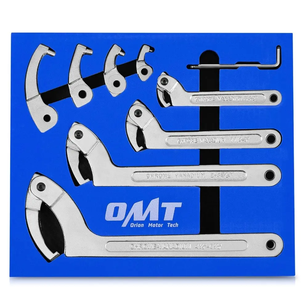 Orion Motor Tech 8pc Adjustable Pin Spanner Wrench Tool Set - Chrome CV Steel, Corrosion Resist, 4 Adapter, Leverage Handle, Square+Round Fit, Changeable Heads for Pipes, Cars, 3/4"-6.1" Tool Upgrade