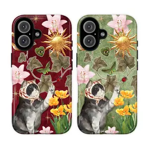 Vintage Whimsical Cat Phone Case – Dark Academia Floral Cottagecore Cover for iPhone 7 8 9 XS 11 12 13 14 15 16 17 & Samsung S21 S22 S23 S24 S25, Sun Lily Tulip Cat Illustration Design, Cute Kitten Aesthetic, Cozy Kitty Gift for Cat Lovers