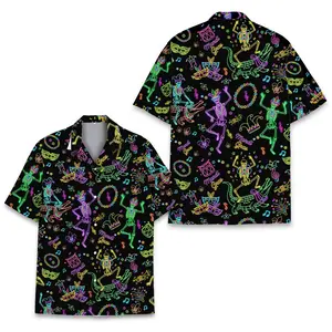 Mardi Gras Neon Hawaiian Shirt, Glow Skeleton Alligator Carnival Print Button Up, Black Light Parade Party Shirt for Men Women, Gift for vacation Unisex Gift Short Sleeve Hawaii Shirt Summer Beach Shirts