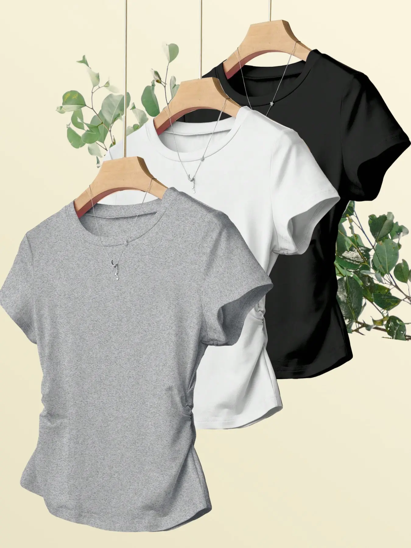 3-Pack Women's Basic Solid Color Round Neck Ruched Slim Fit T-Shirts, Soft Stretch Fabric, Comfortable Casual Lady Top, Daily Wear Summer
