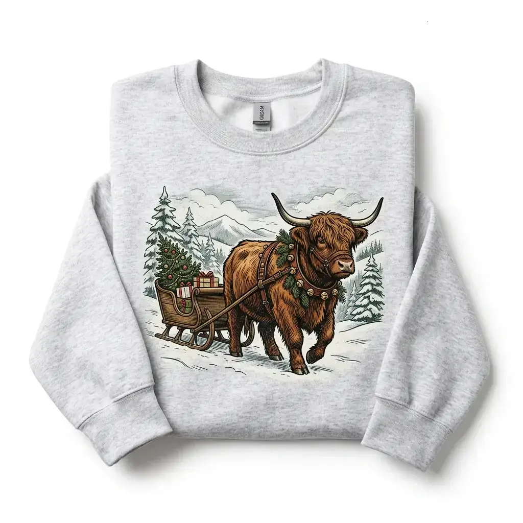 Highland Cow Pulling Christmas Sleigh Women's Cotton Pullover Sweatshirt, Unisex Design - KitchenEra