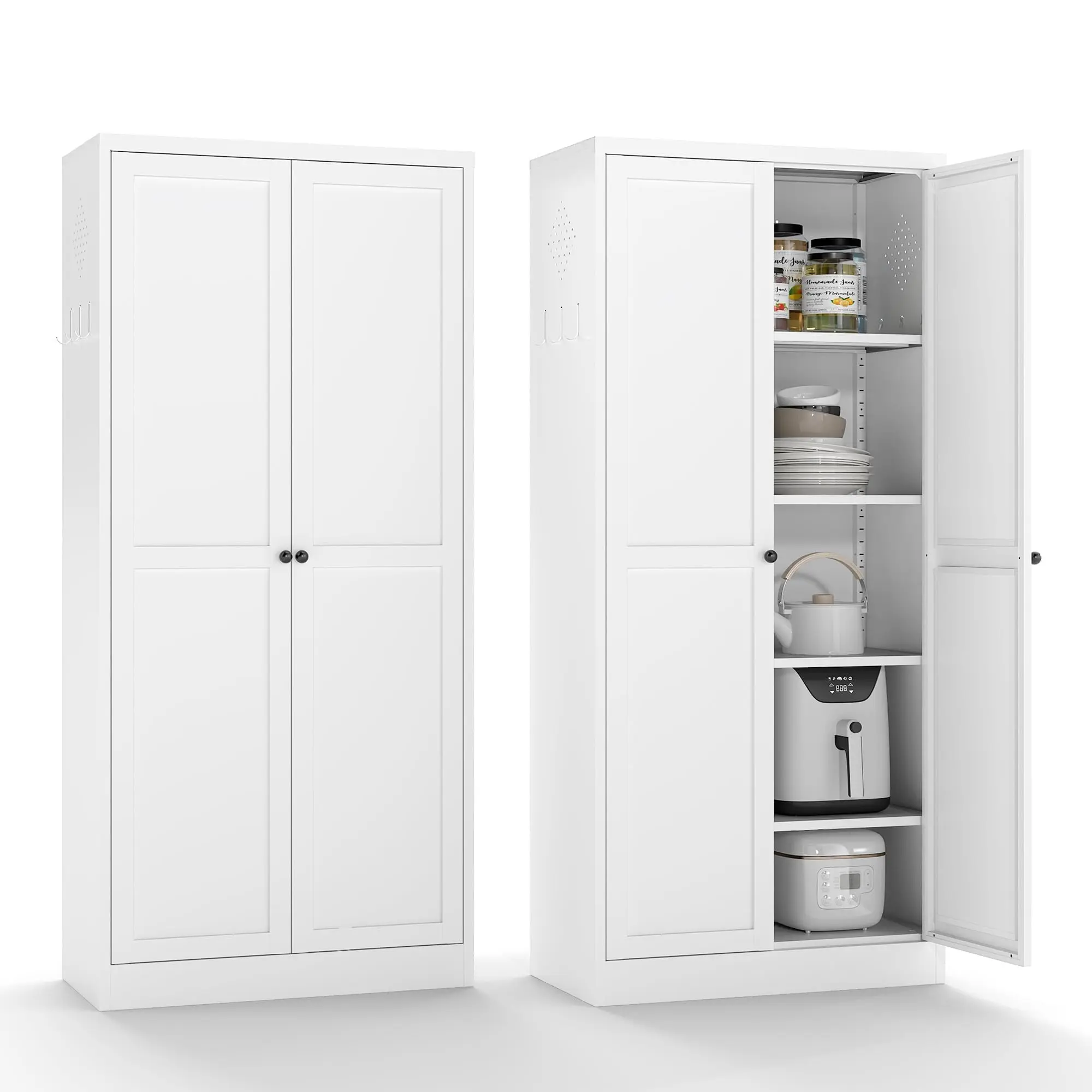 Metal Pantry Cabinet with 2 Doors and Adjustable Shelves Available in two sizes: 61" 72"  Kitchen Storage Cabinet with Gold Handles - Versatile Storage for Kitchen, Bathroom, Dining Room, Utility Room