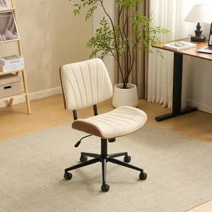 VINGLI Wide Curved Seat&Back Armless Home Office Chair,Ergoromic Adjustable-Height Desk Chair,Swivel&Tilting Function,Stylish Walnut Task Chair for Meeing Room,Dining Room,PU,Khaki