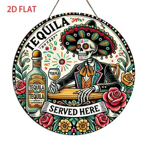 Vintage Mexican Skull in Suit Pattern Hanging Painting, Tequila Served Here Round Wall Decor, Wall Art for Home, Bar, Cafe & Garage Decor, Ornaments, Hangable Decoration