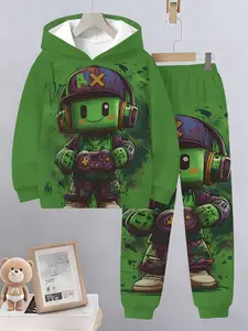 Pixel Art Cartoon Hoodie Set, Gaming Themed Design with Headphones & Controller Decorations, Perfect for Casual Wear All Seasons