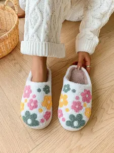 Women's Floral Pattern Plush Slippers, Casual Soft Comfortable Home Slippers, Warm Slippers for Indoor & Outdoor Use for Fall & Winter, Rubber