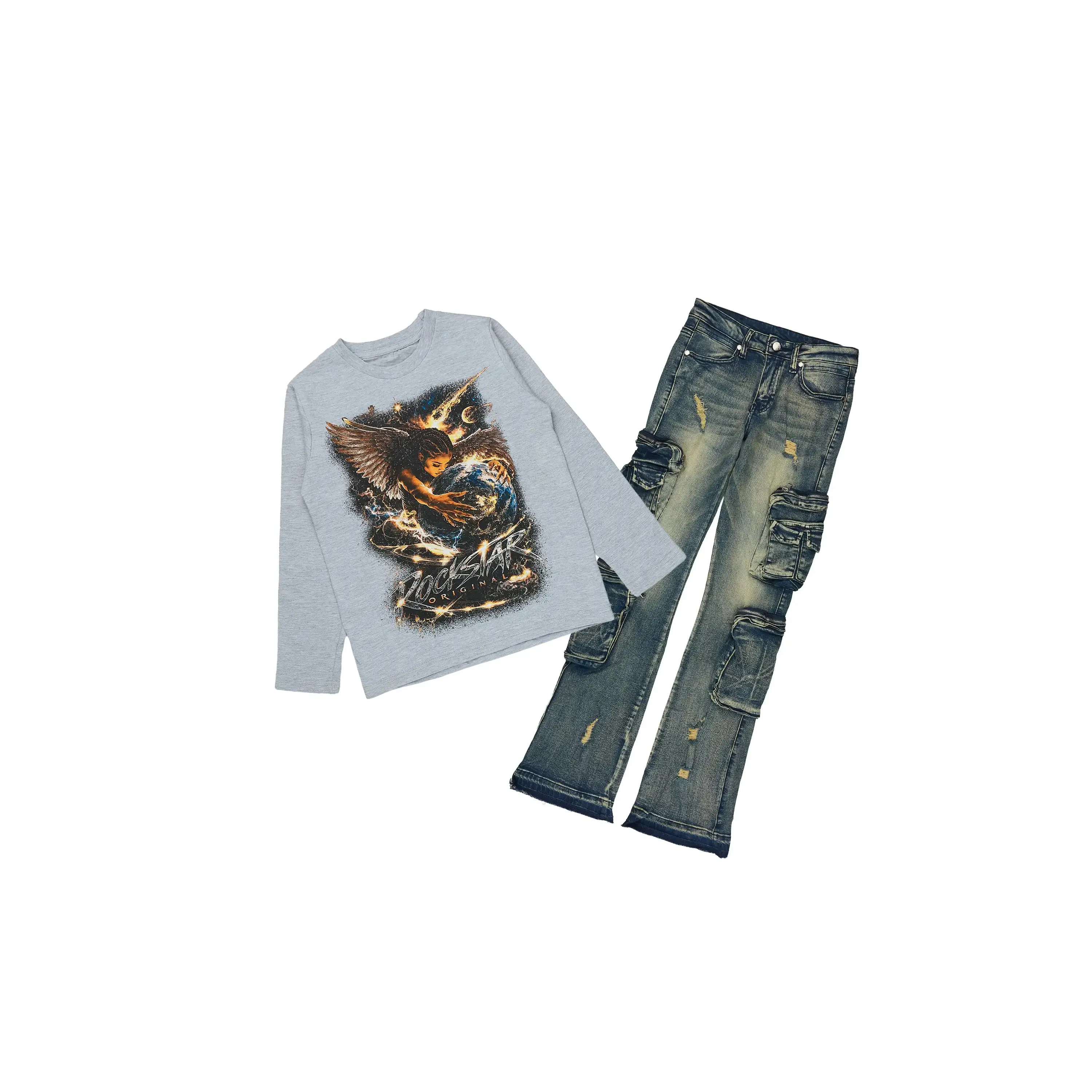 Girls Kearnly Grey/Tint Long Sleeve T-Shirt Stacked Jean Set