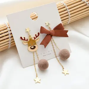 Merry Christmas Velvet Elk Bowknot Dangle Earrings For Women Red Hair Ball Long Tassel Asymmetric Earring New Year Party Jewelry