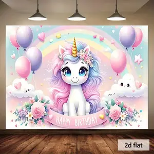 Cute Unicorn Birthday Banner, Polyester Flat Banner, Home Party Decorations, Home Decor, Room Decoration, Wall Decor, Party Background, Happy Birthday Backdrop, No Power Needed