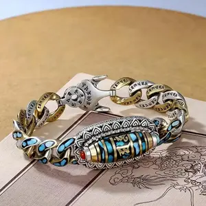 Handmade Tibetan Style Dzi Bead Bracelet, Nine-Eyed Bead Six-Syllable Mantra Turquoise Good Luck Jewelry, Adjustable Spiritual Protection Bracelet for Meditation, Yoga, Daily Wear & Gift