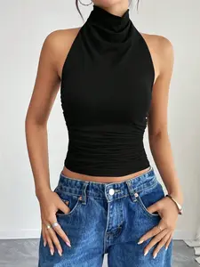 Women's Solid Color Simple Sleeveless Ruched Tank Top, Perfect for Summer Wear, Comfortable and Stylish, Chic, Ideal for Casual