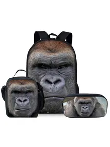 Gorilla pattern printed 17-inch backpack three-piece set (single-layer backpack + shoulder strap lunch bag + single-layer pencil bag)