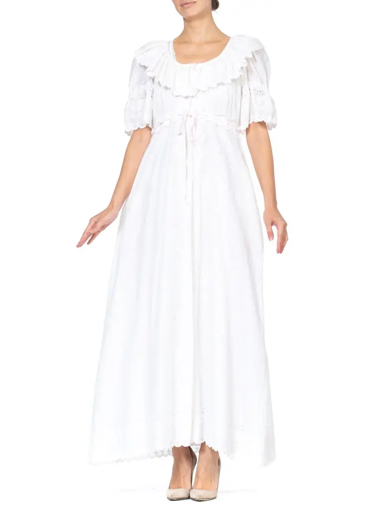 1970S White Embroidered Cotton Blend Eyelet Lace Negligee & Duster Robe Set