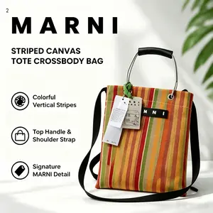 Women's MARNI Style Striped Woven Tote Bag - Aluminum Handle Mini Crossbody Bag for Casual Beach Use