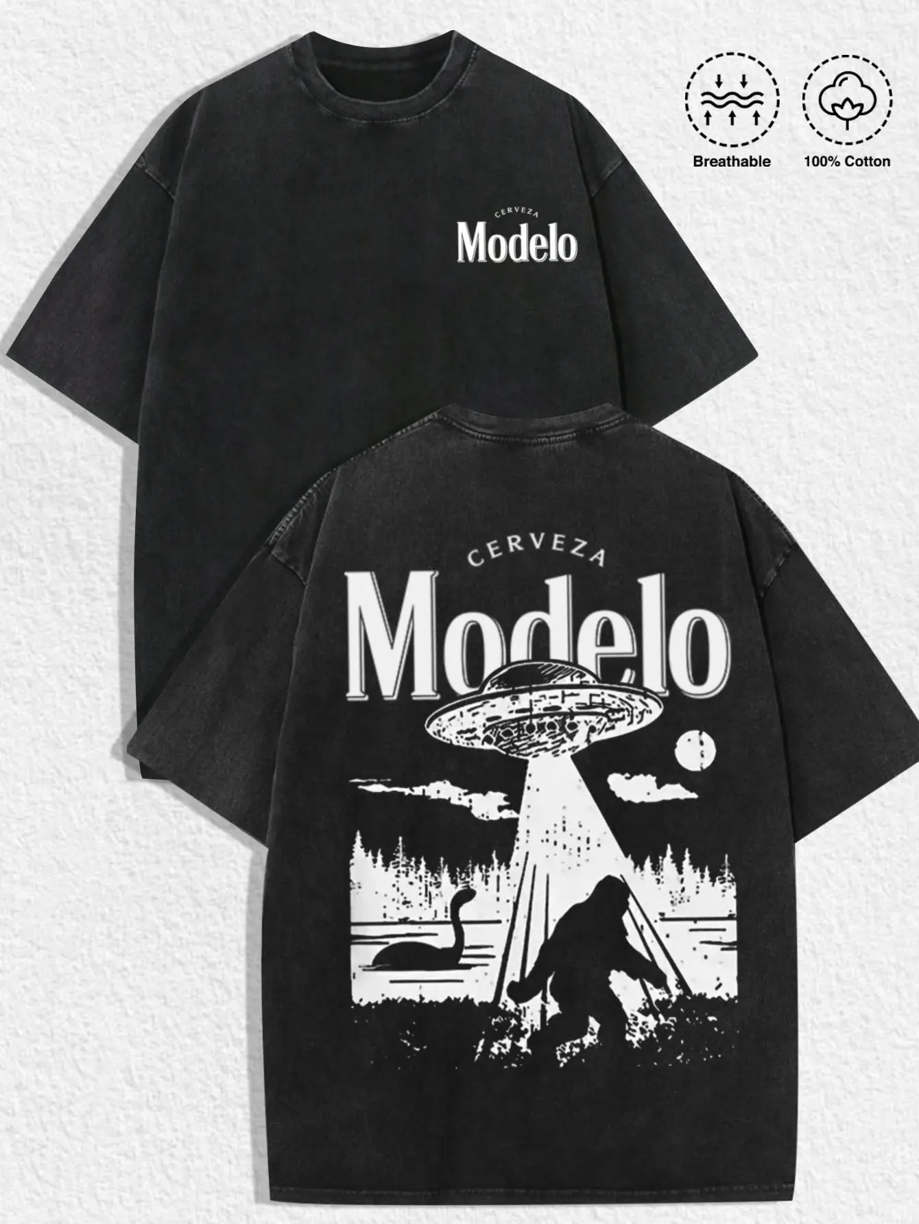 1 PCS Retro Washed Black Short Sleeve T-Shirt, Front Mini "Modelo" Print + Back UFO, Bigfoot & Nessie Graphic, Sci-Fi Streetwear Style, 100% Cotton Unisex Oversized Tee, Casual Hangouts, Great Gift for Sci-Fi Fans