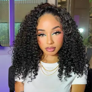 180% Density Glueless Wigs Human Hair Kinky Curly  Wig Upgrade 3 IN 1 Half Wig With Drawstring Seamless Clip Ins Flip Over For Women Ready to Wear