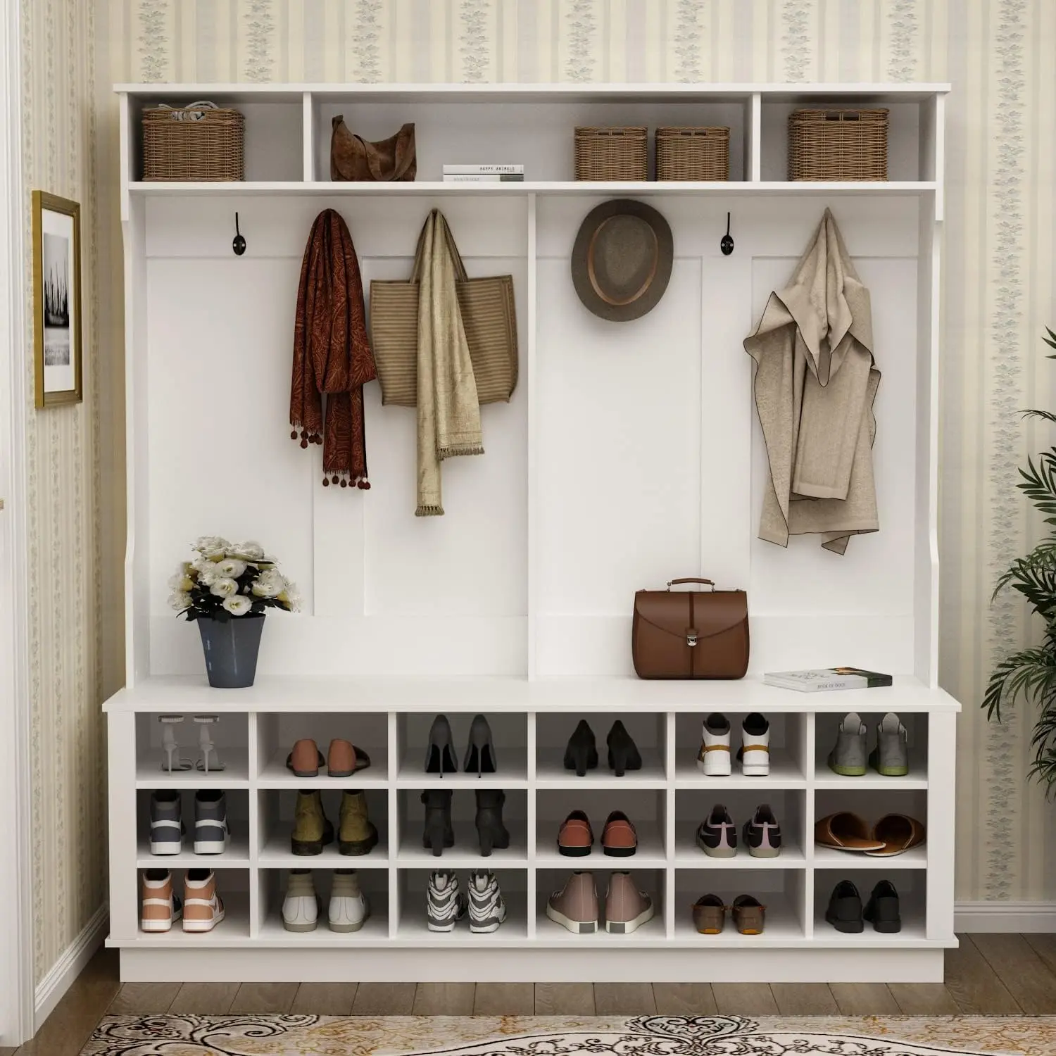 FUFU&GAGA Large 3-in-1 Wooden Entryway Hall Tree Storage Furniture - Shoe Bench, Coat Rack with 18 Shoe Storage Cubes, 6 Hanging Hooks, Shelf & Easy Installation