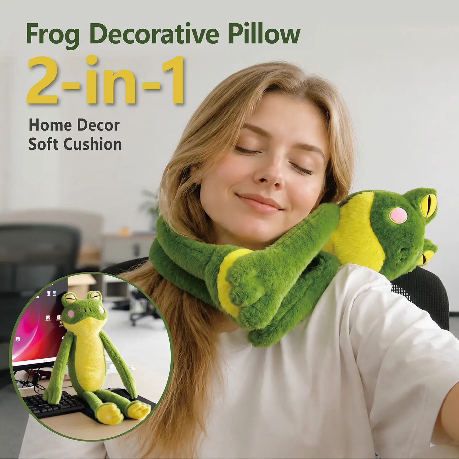 2-in-1 Frog Plush Figurine - Polyester Animal Merch with Cute Animal Design, Whimsical Unisex Home Decor Accent, Office Desk Ornament & Travel Buddy Gift