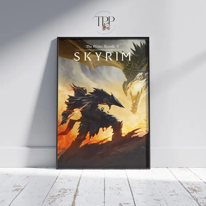 Skyrim Poster, Elder Scrolls Wall Art, Fantasy Game Print, Gaming Room Decor for Gift for RPG Fans