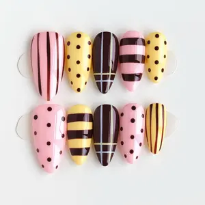 Impressionism|10 PCS of Almond Pure Handmade Press On Nails, Pink Yellow Brown Color-Block Striped Sweet Cool Press On Nails, High Glossy Base, Hand-Painted Striped Decoration, Color-Block Playful Style, Casual Street Style Nail Set