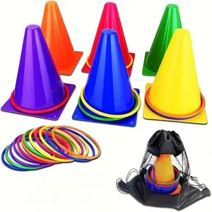 6 plastic sports logo buckets+10 hoop game sets with colorful agile training logos and storage bags, suitable for courtyard, camping, and birthday parties, specifically designed for football training