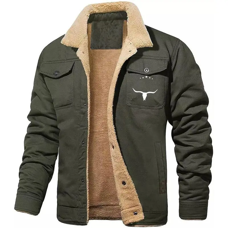 Men's Retro Western Winter Fleece Jacket Warm Fleece Lined Coat Lapel Work Cargo Jackets Sherpa Lined Trucker Jackets