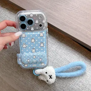Fashionable Women's Protective Smartphone Case, Accessories, Blue Polka Dot Miffy Rabbit Stand Cover, Fits Iphone17promax/iphone16promax/iphone15promax