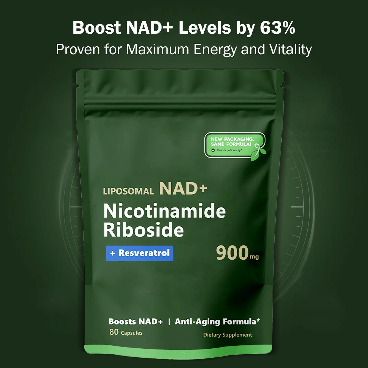 Liposomal NAD+ Nicotinamide Riboside Supplement, 900mg with Trans-Resveratrol & Quercetin, 80 Capsules for Energy Boost, Cellular Repair & Healthy Aging Support