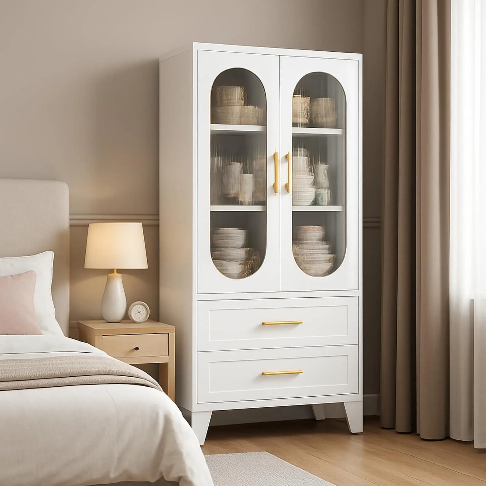GARVEE Arched Storage Cabinet with Glass Doors, 71" Tall Metal Pantry Cabinet, White Freestanding Storage with Upper Fluted Glass and Lower Metal Doors, Adjustable Shelves for Dining Room, Living Room