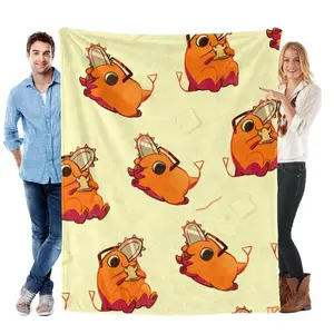 Chainsaw Man Pochita Full Print Flannel Blanket - Light Yellow Flannel Fabric, Heat-Retentive Material, Pochita Eating Toast Playful Design, Indoor Use for Anime Fans