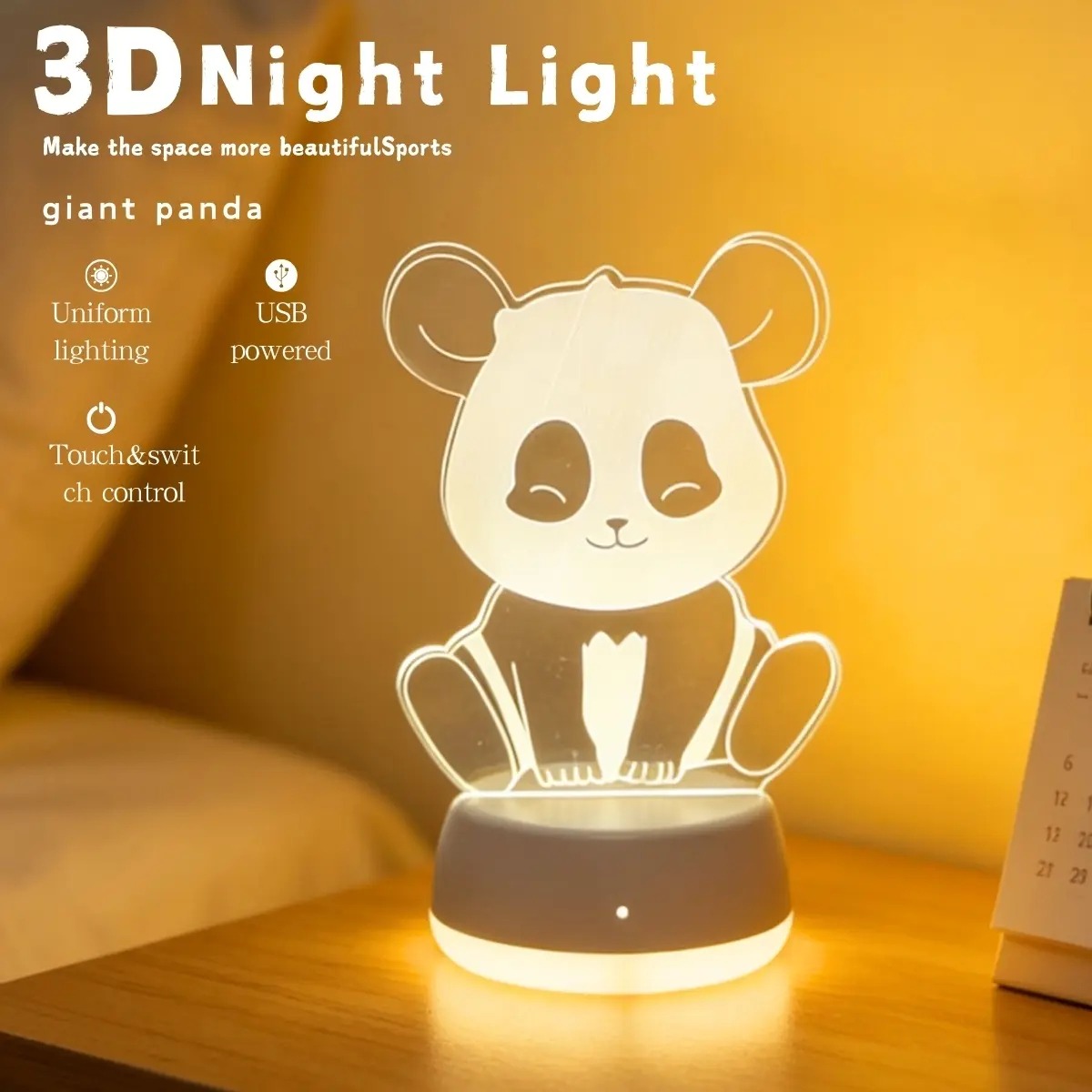 Cute Panda 3D LED Night Light, USB Powered, RGB 7 Colors, Table Lamp for Room Decor, Bedroom, Party, Christmas, Birthday Gift
