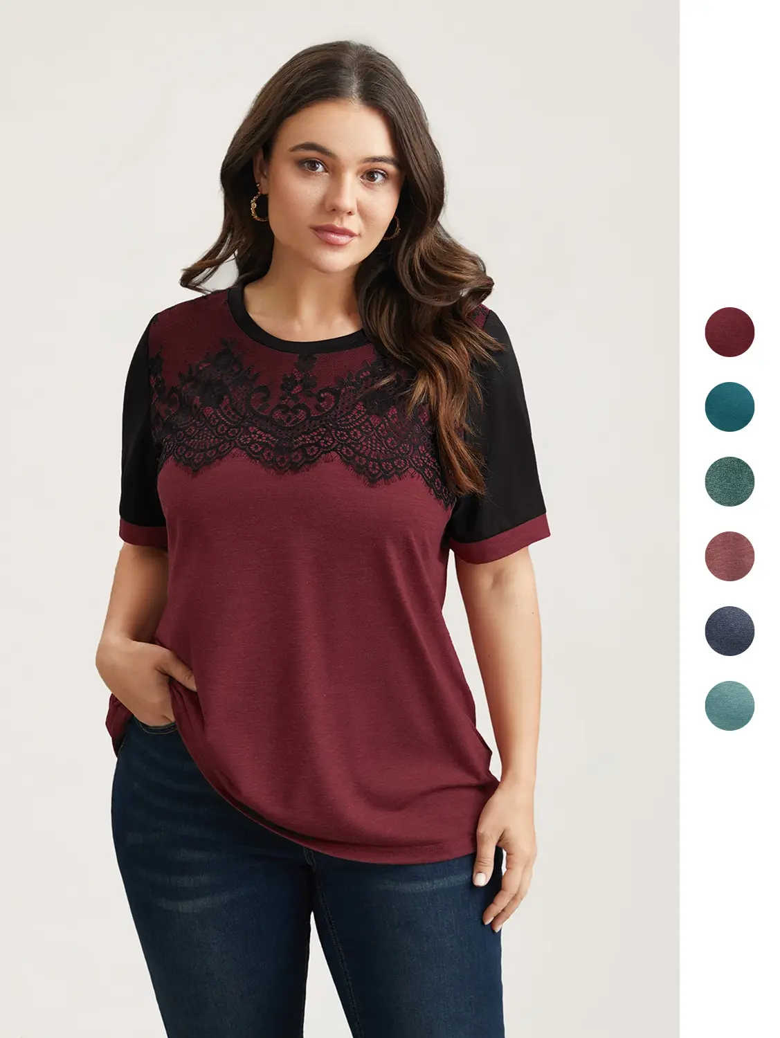 BLOOMCHIC Plus Size Women's Russet Spandex Scalloped Lace Color Contrast Round Neck Short-Sleeve T-Shirt - Comfy Casual, Regular Fit, Patchwork Fabric, Elegant Stretchy Top [M-6X] 2026 Summer Style Tshirts, Shortsleeve
