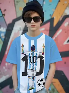Short Sleeve T-Shirt, Trendy All-Over Print, Blue Argentina Stripes Messi 10 Design, Casual Fitted Top for Spring & Fall, Streetwear