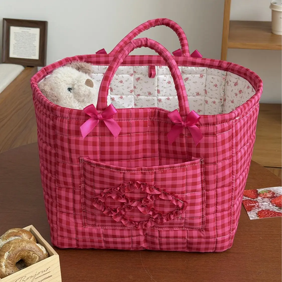 French Vintage Quilted Farmhouse Collapsible Storage Basket - Clothes Organiser with Bow Handle, Washable Fabric Bin, Multi-Purpose for Home, Car (Ideal for Toys, Books), Clothes Organizer