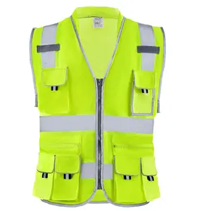 VEVOR Safety Vest, 10 Pockets Yellow Safety Vest, Hi Vis Zipper Front Safety Vest with Reflective Strips, High Visibility Work Construction Vest with Pockets and Walkie-Talkie Clip, for Men Woman