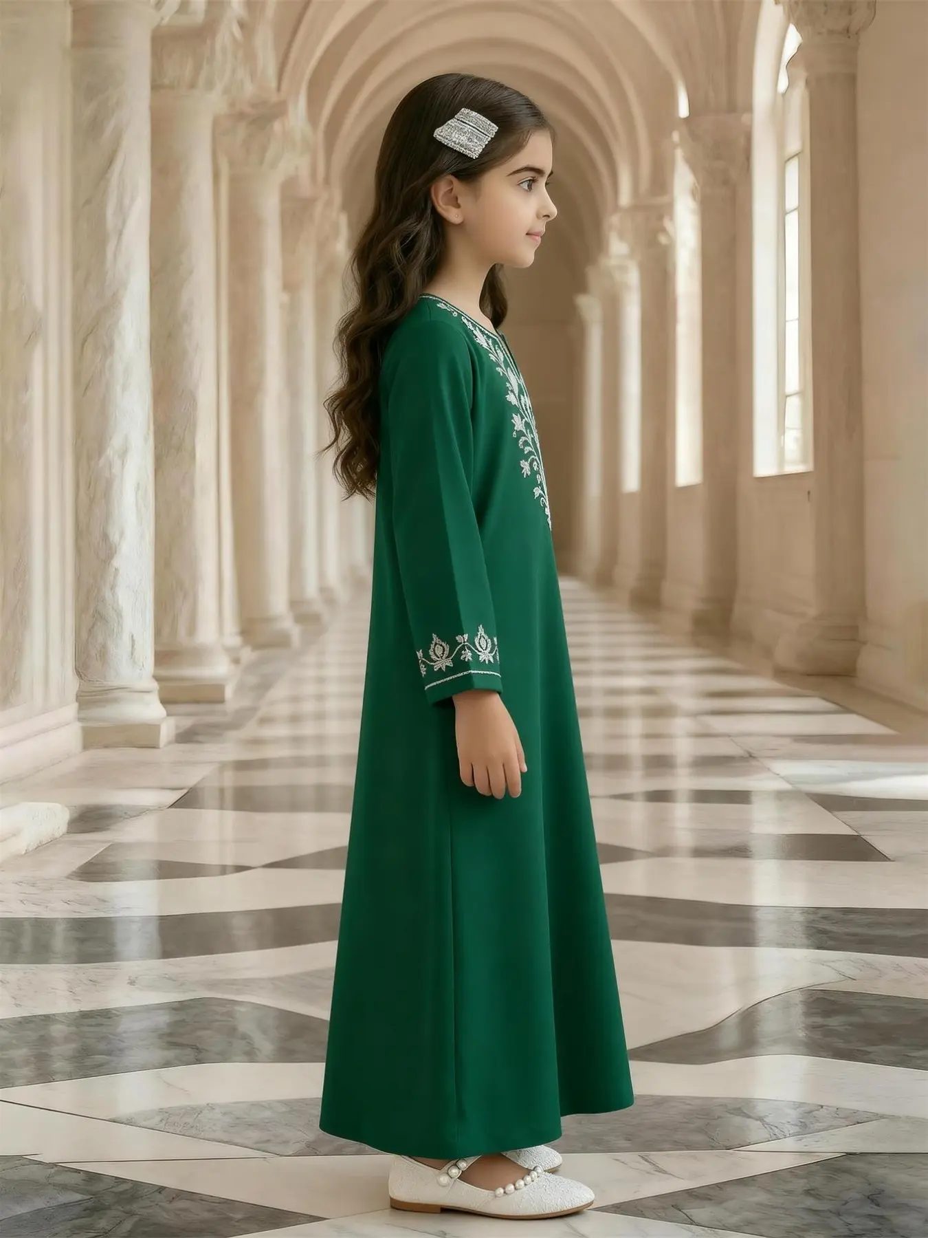 Girls Muslim Style Long Robe Dress Caftan, Emerald Embroidered V-Neck, Long Sleeve Comfortable Drape, Perfect for Festivals, Daily, Ramadan - TikTok Shop Girls Muslim Style Long Robe Dress Caftan, Emerald Embroidered V-Neck, Long Sleeve Comfortable Drape, Perfect for Festivals, Daily, Ramadan - TikTok Shop