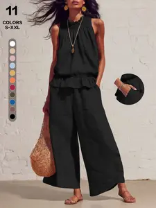 2 Piece Sets for Women, Summer Sleeveless Vest and Wide Leg Pants, Casual Loose-Fitting, Plain Design, All Seasons Wear