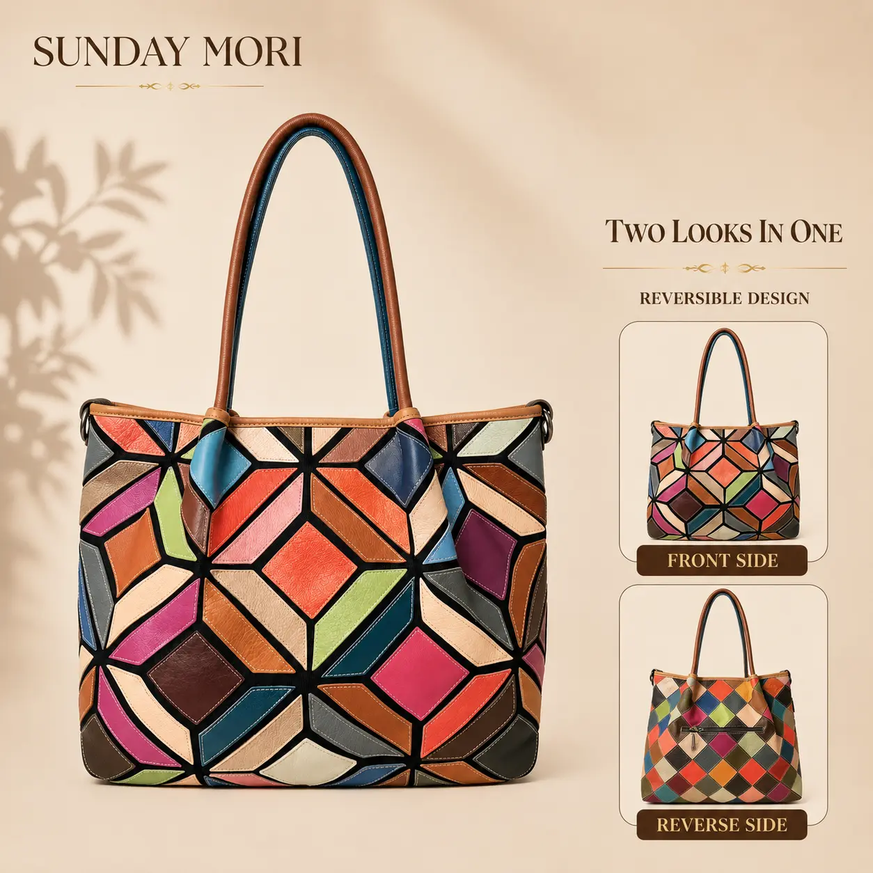 SUNDAY MORI Genuine Leather Reversible Tote Bag, Colorful Patchwork Shoulder Bag for Women, Fits 13-Inch Laptop