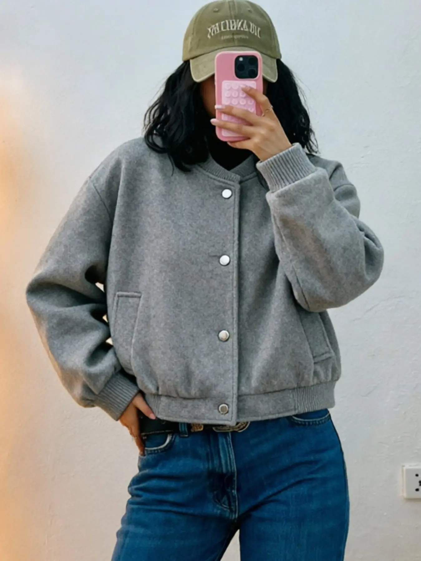 Women's Cropped Bomber Jacket Demi-Season Faux Wool And Wool Blend Black Jacket Casual Streetwear Long Sleeve Spring Autumn Baseball Jacket Woman Snap Button Fleece Gray Cream Khaki New In Jackets, Womenswear