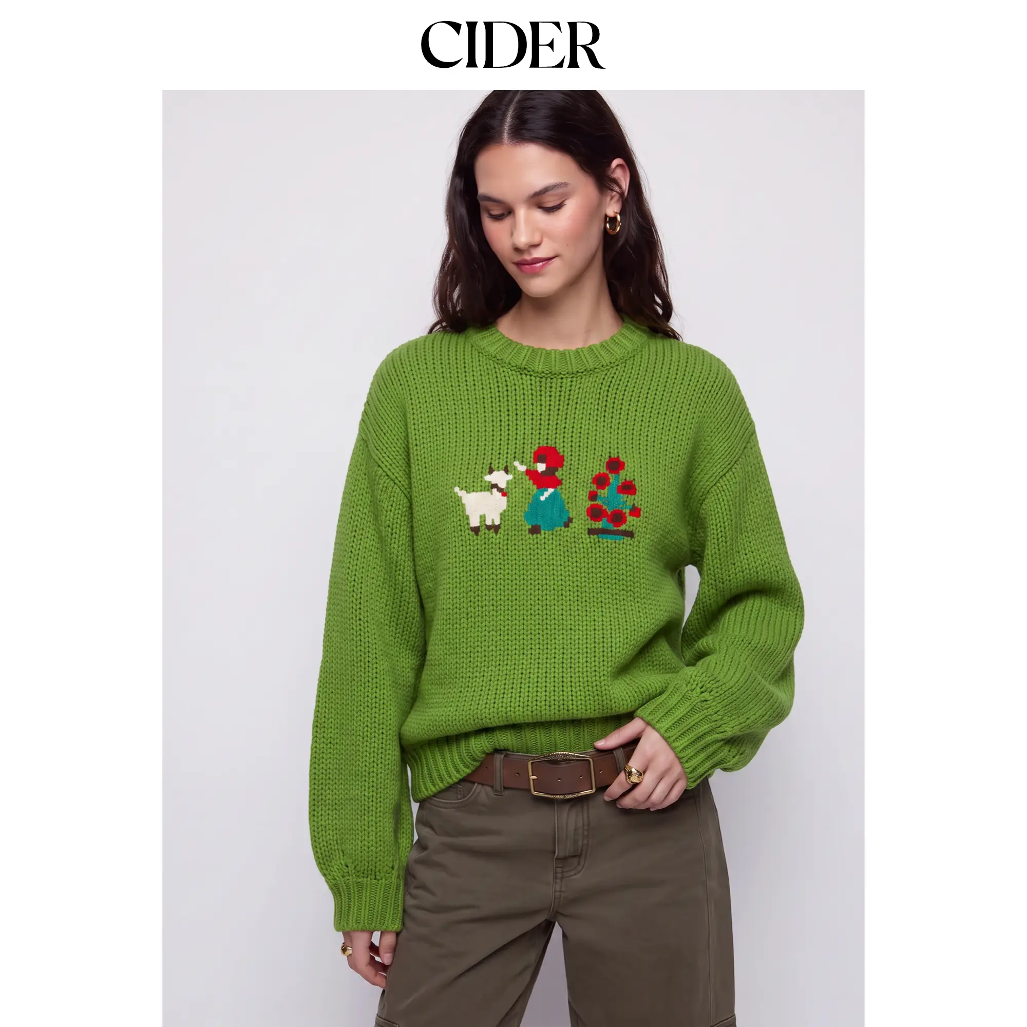 Cider Knit Crochet Animal & Figure & Floral Graphic Lantern Sleeve Oversized Sweater