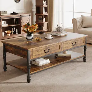 Coffee Table with Drawers - 41" Large Center Table with Storage Wooden Coffee Tables, Rustic Rectangular Living Room Tables w/Storage Shelf, Wooden Center Table for Living Room Office,Rustic Brown