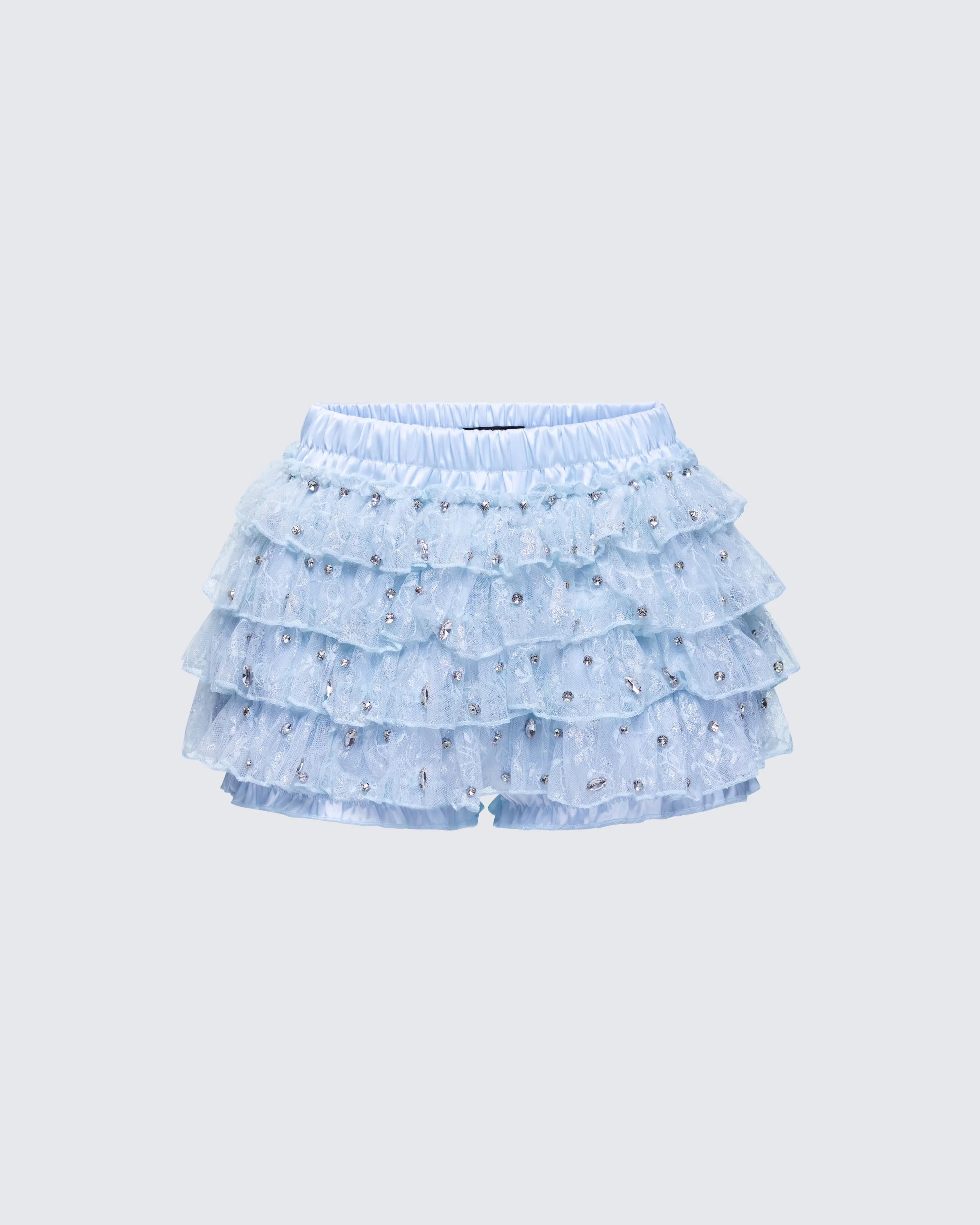 Women's Baby Blue Polyester Mesh Shorts - Elastic Waist, All-Over Rhinestone Bead Detailing, 5 Tiered Ruffle Layers, Mini Length, Full Coverage Liner