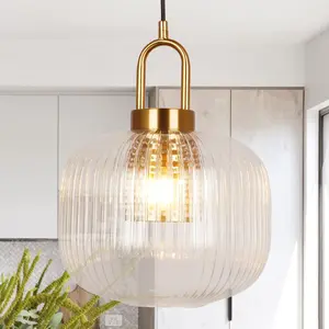 Modern Glass Pendant Light, 9.5 Inch Ribbed Clear Glass Globe Hanging Ceiling Light, Gold Accent, for Kitchen Island Dining Room Bedroom