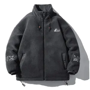 Men's stand collar lambskin embroidered warm cotton clothing Large loose casual fleece thick coat American street style letter embroidery fleece jacket
