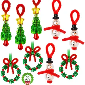Christmas Craft Kit, 36-Piece Beaded Ornament Tool Set-Includes 12 Snowmen / 12 Christmas Trees / 12 Wreaths, Holiday Party Handmade Tree Decorations (Requires Self-Assembly)