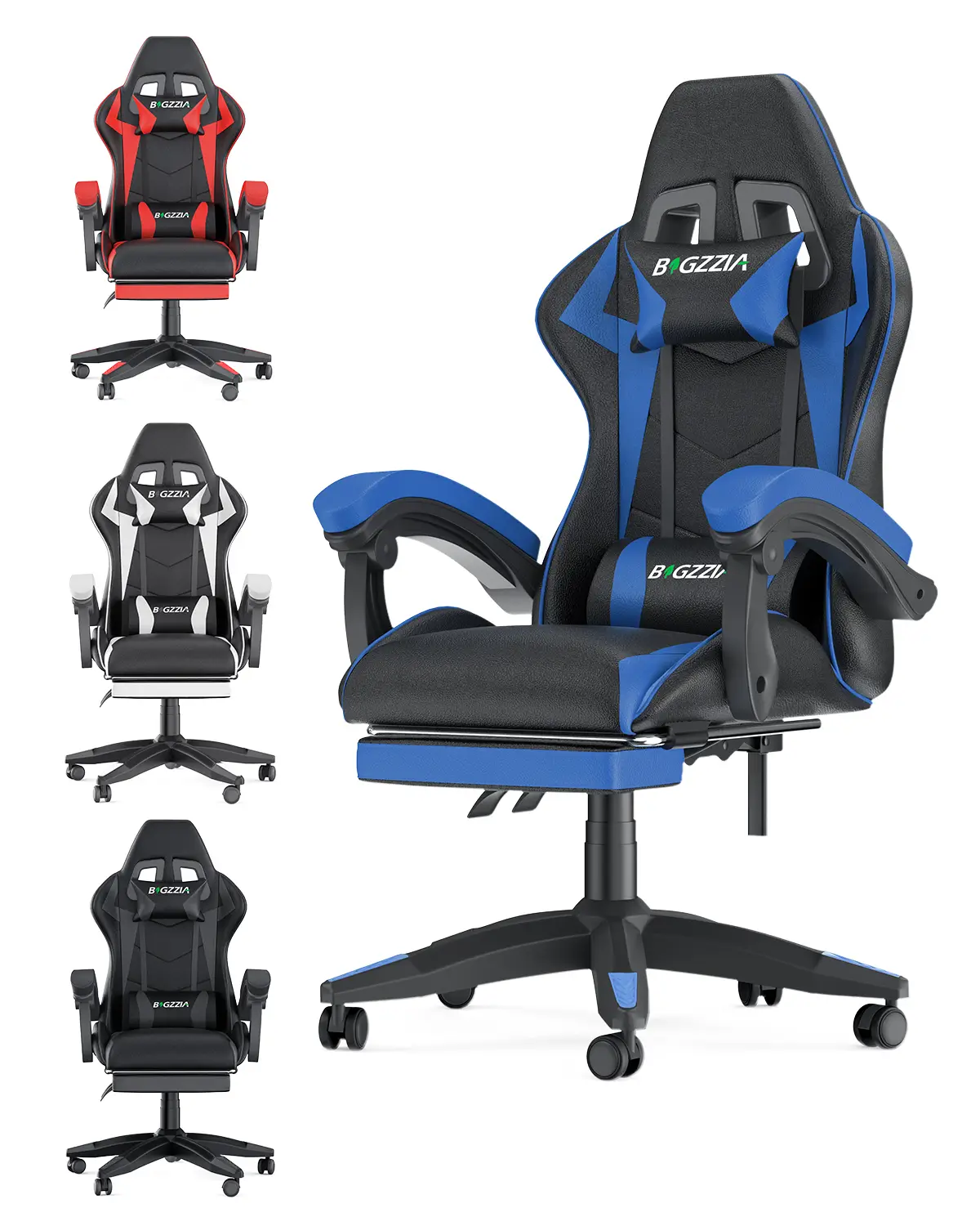 Bigzzia Gaming Chair with Footrest, Ergonomic, Headrest and Lumbar Support, Height Adjustable, Racing Style, 360° Swivel Seat