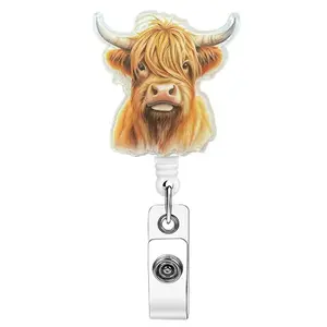 Cute Highland Cow Design Badge Holder Badge Reel, 1 Count Retractable Badge Clip, ID Card Holder for Student Office Staff Doctor Nurse Teacher