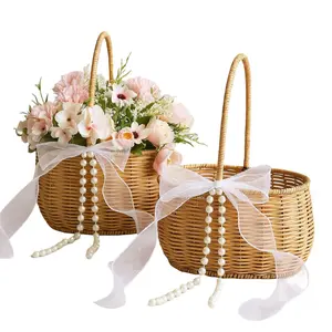 2 Pcs Wicker Rattan Flower Girl Baskets 11.8x8.7x5.1 Inches with Bows Pearls Rustic Wedding Ceremony Basket